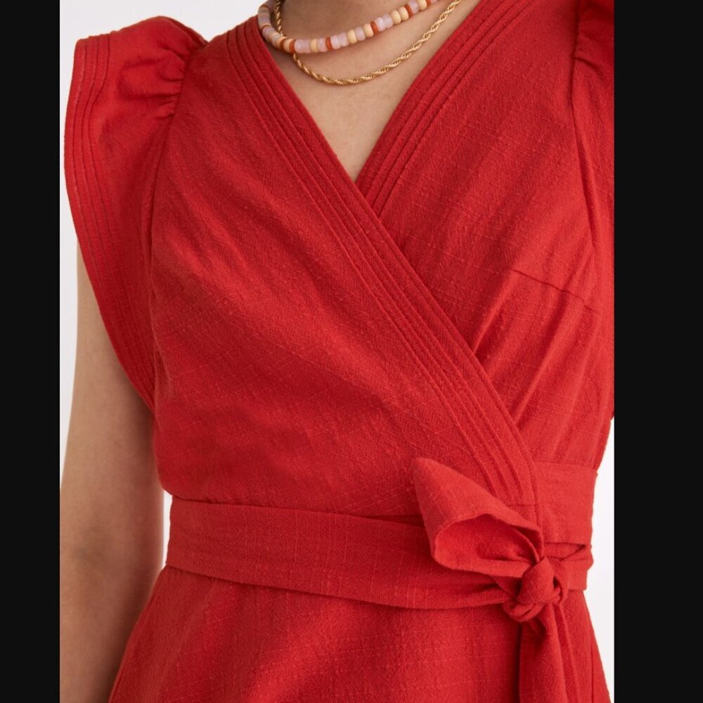 MADEWELL Red Mini Dress Ruffle-Sleeve Wrap 100% Cotton - Picture 3 of 14